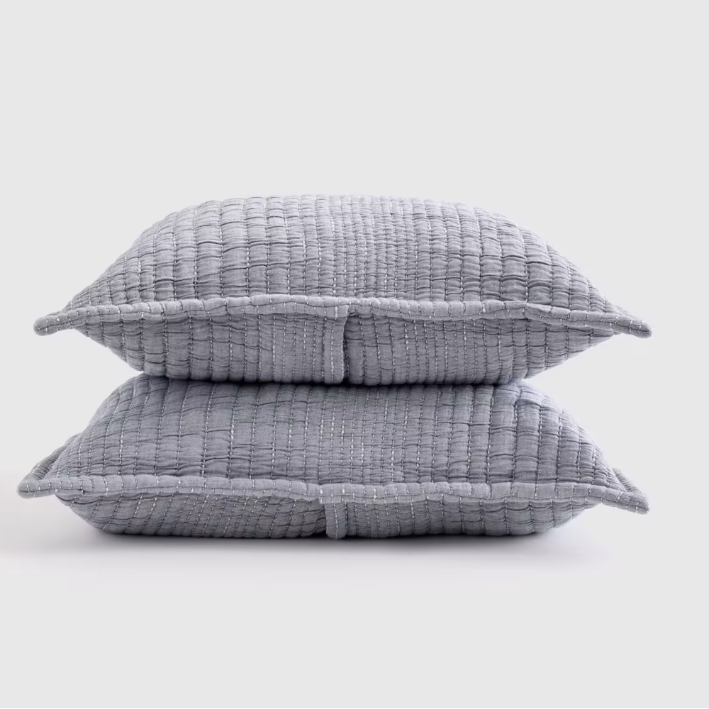 NWOT QUINCE Organic Cotton Channel Stitch Sham Set King Blue 3662